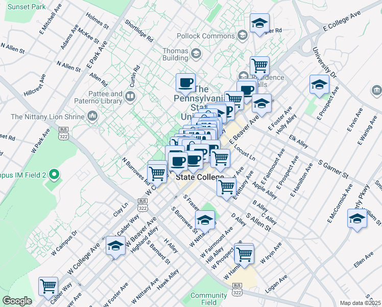 map of restaurants, bars, coffee shops, grocery stores, and more near 130 East College Avenue in State College