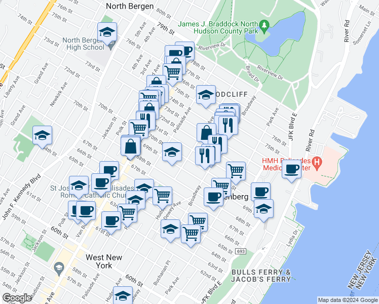 map of restaurants, bars, coffee shops, grocery stores, and more near 310 71st Street in Guttenberg