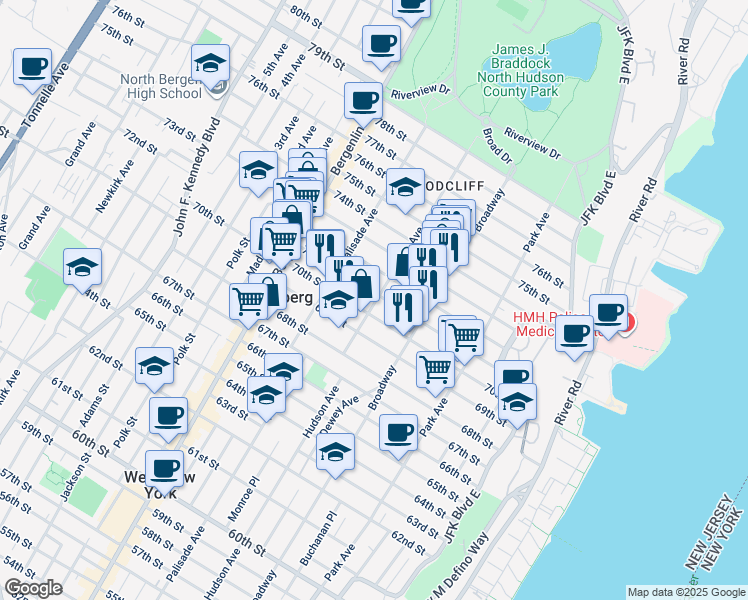 map of restaurants, bars, coffee shops, grocery stores, and more near 7011 Hudson Avenue in Guttenberg