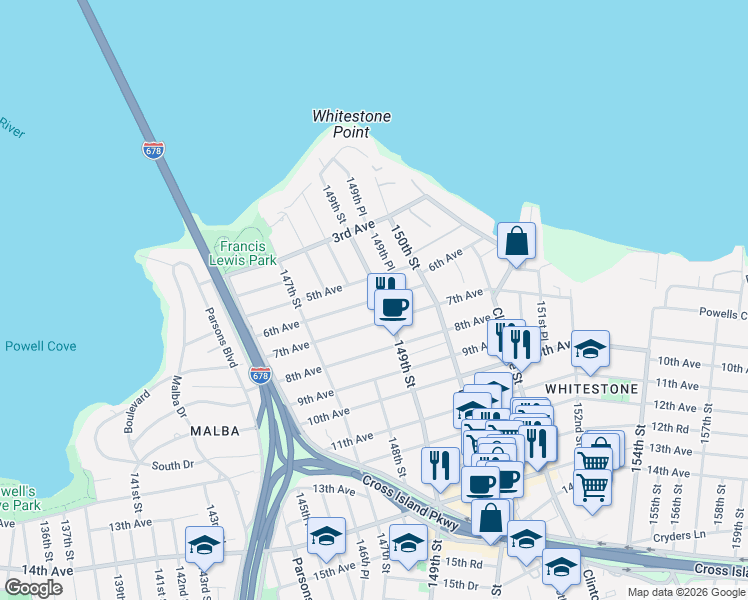 map of restaurants, bars, coffee shops, grocery stores, and more near 148-08 5th Avenue in Queens