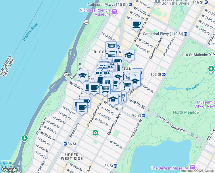 map of restaurants, bars, coffee shops, grocery stores, and more near 780 Amsterdam Avenue in New York
