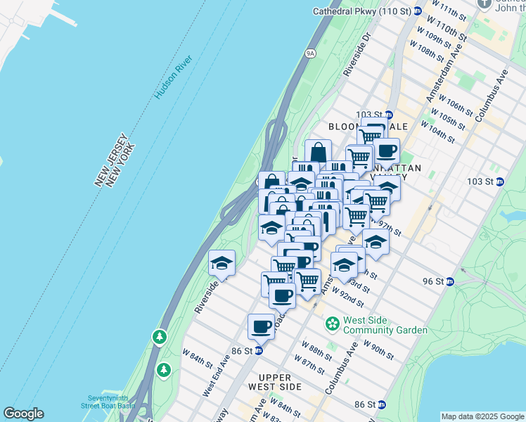 map of restaurants, bars, coffee shops, grocery stores, and more near 222 Riverside Drive in New York