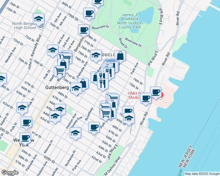map of restaurants, bars, coffee shops, grocery stores, and more near 7317 Broadway in North Bergen