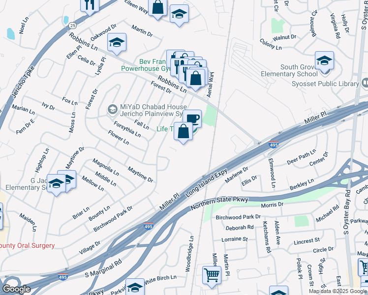 map of restaurants, bars, coffee shops, grocery stores, and more near 200 Robbins Lane in Jericho