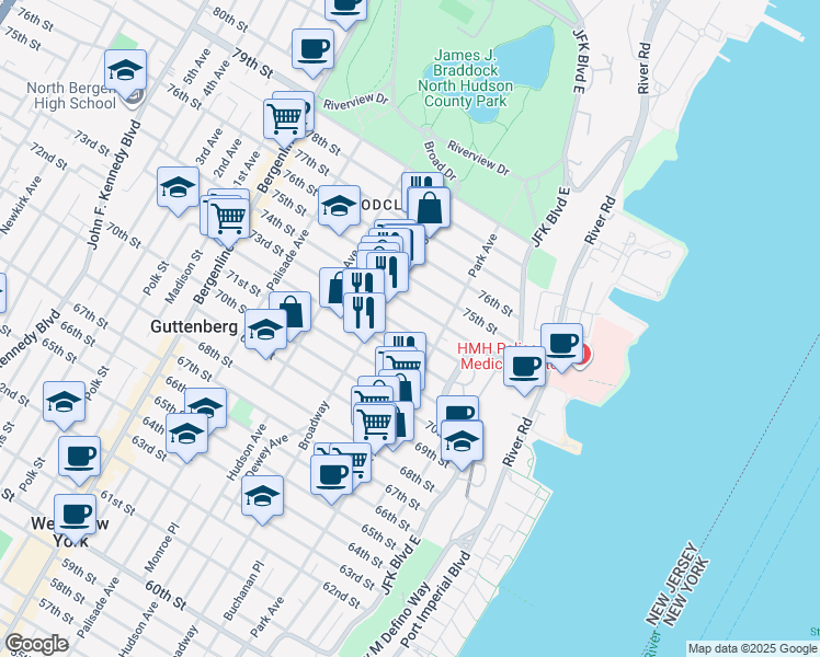 map of restaurants, bars, coffee shops, grocery stores, and more near 124 74th Street in North Bergen