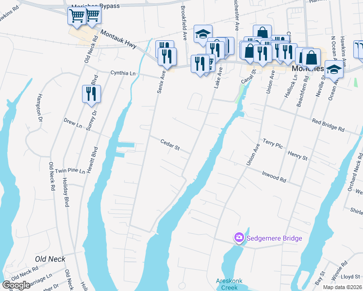 map of restaurants, bars, coffee shops, grocery stores, and more near 11 Cedar Street in Center Moriches