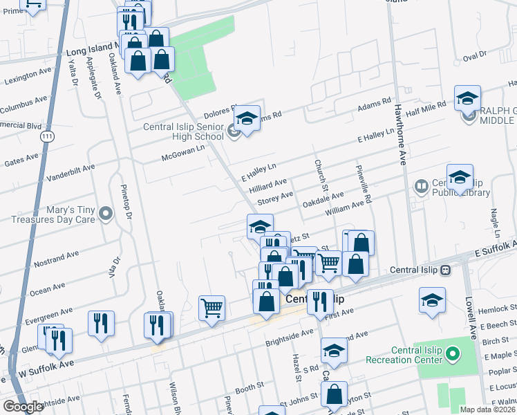 map of restaurants, bars, coffee shops, grocery stores, and more near 65 Wheeler Road in Central Islip