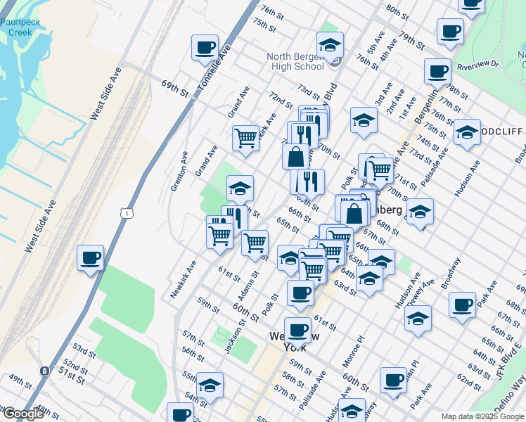 map of restaurants, bars, coffee shops, grocery stores, and more near 6513 Bergenwood Avenue in North Bergen