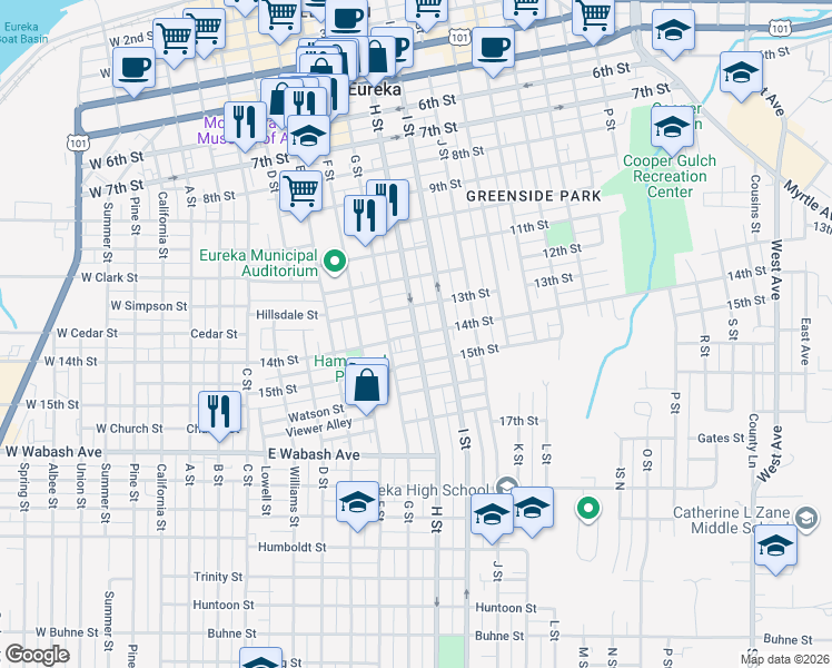 map of restaurants, bars, coffee shops, grocery stores, and more near H St & 14th St in Eureka