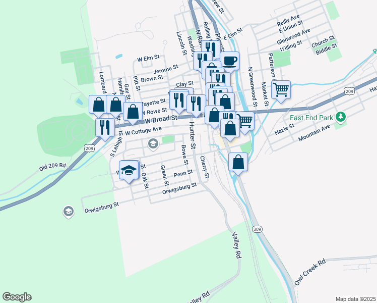 map of restaurants, bars, coffee shops, grocery stores, and more near 76 Hunter Street in Tamaqua