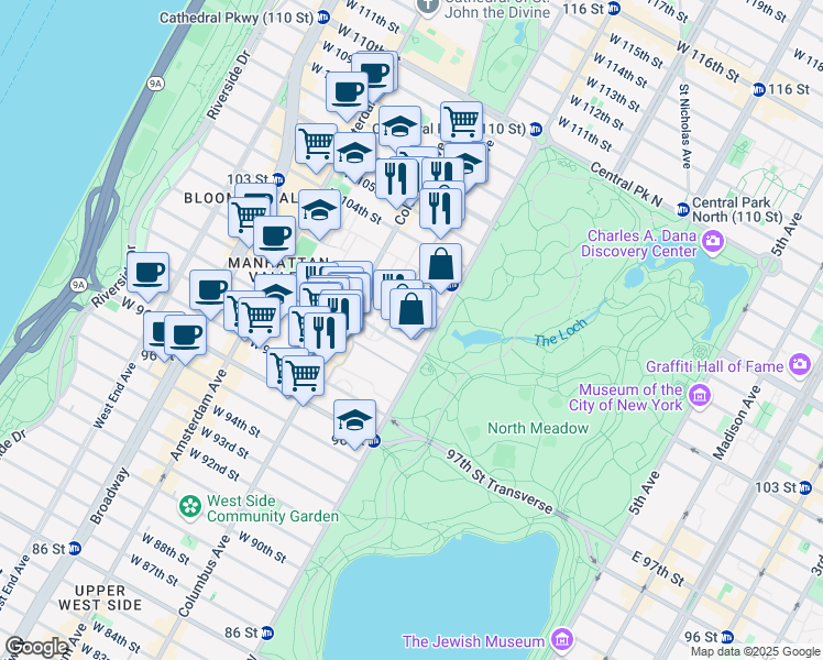 map of restaurants, bars, coffee shops, grocery stores, and more near 22 Manhattan Avenue in New York
