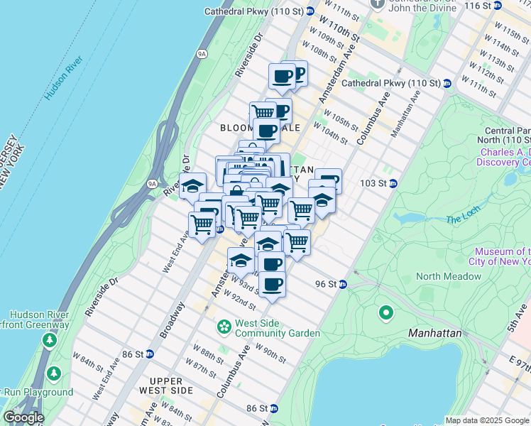 map of restaurants, bars, coffee shops, grocery stores, and more near 765 Amsterdam Avenue in New York