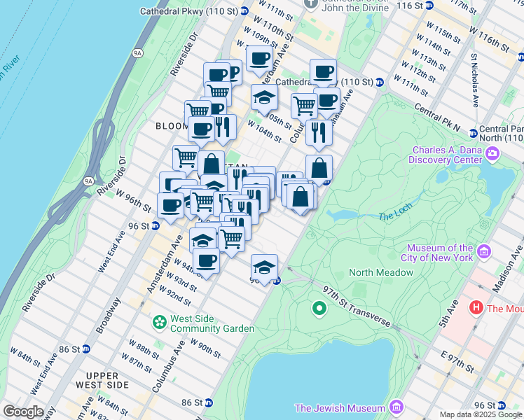 map of restaurants, bars, coffee shops, grocery stores, and more near 805 Columbus Avenue in New York