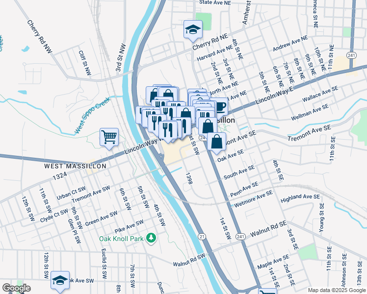map of restaurants, bars, coffee shops, grocery stores, and more near David Canary Drive Southwest in Massillon