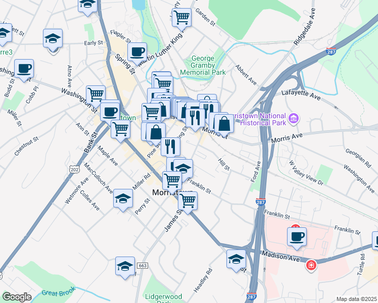 map of restaurants, bars, coffee shops, grocery stores, and more near 60 Elm Street in Morristown