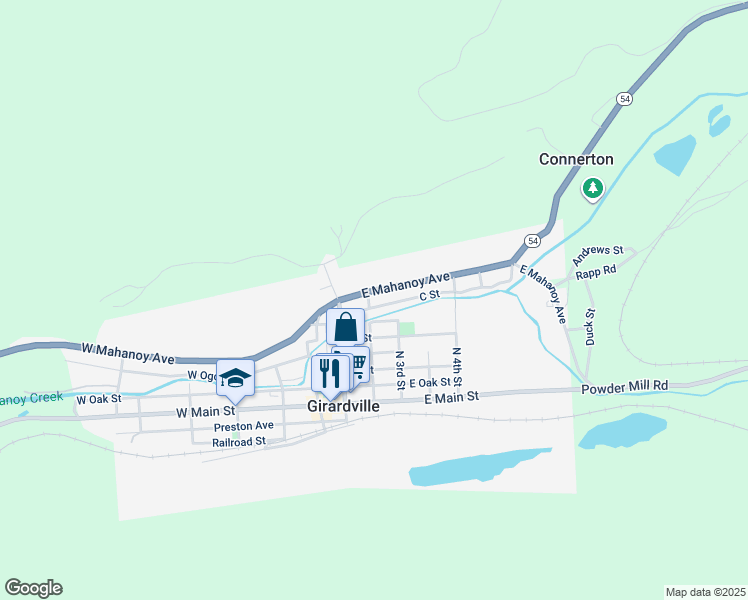map of restaurants, bars, coffee shops, grocery stores, and more near 207 East Mahanoy Avenue in Girardville
