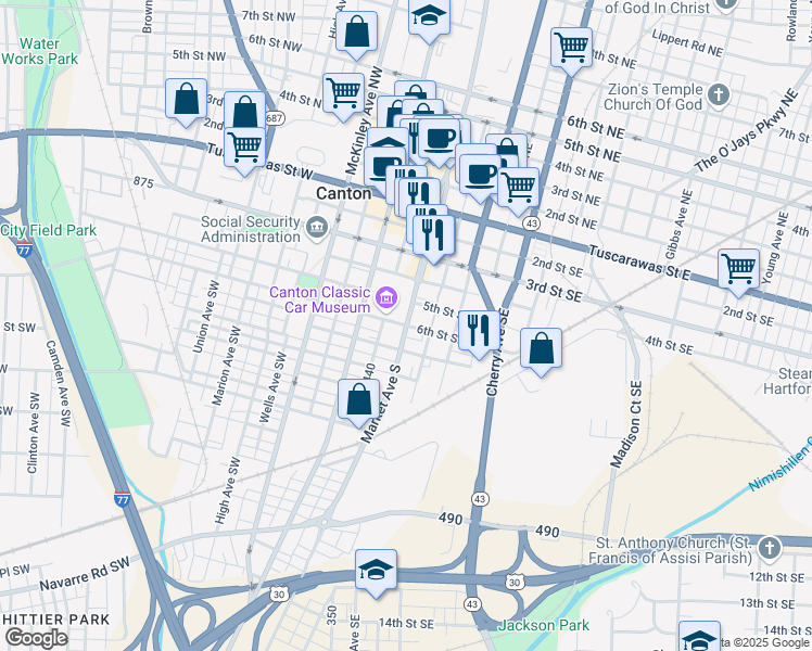 map of restaurants, bars, coffee shops, grocery stores, and more near 601 Market Avenue South in Canton