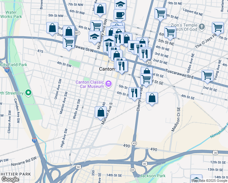 map of restaurants, bars, coffee shops, grocery stores, and more near 601 Market Avenue South in Canton