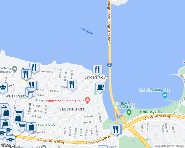 map of restaurants, bars, coffee shops, grocery stores, and more near 162-41 Powells Cove Boulevard in Queens