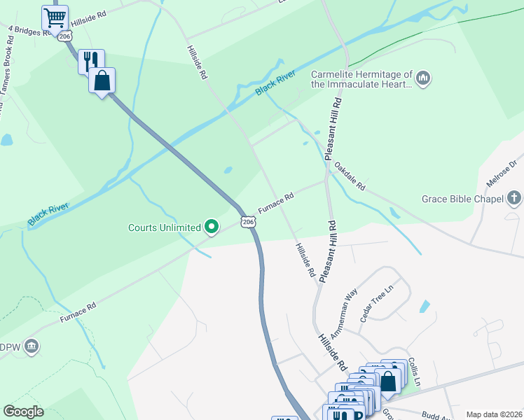 map of restaurants, bars, coffee shops, grocery stores, and more near 113 Hillside Road in Chester