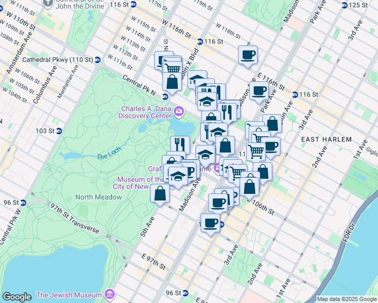 map of restaurants, bars, coffee shops, grocery stores, and more near 5th Ave & E 107th St in New York