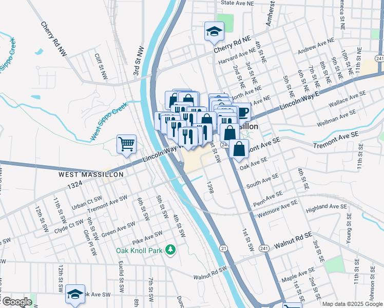 map of restaurants, bars, coffee shops, grocery stores, and more near 155 US 30 in Massillon