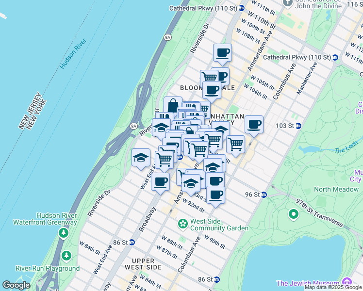 map of restaurants, bars, coffee shops, grocery stores, and more near 2563 Broadway in New York