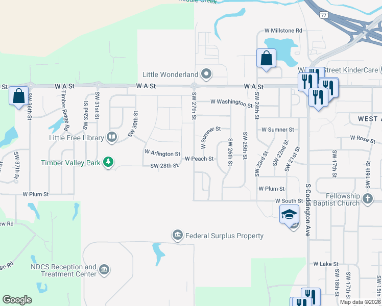 map of restaurants, bars, coffee shops, grocery stores, and more near 1841 Southwest 27th Street in Lincoln