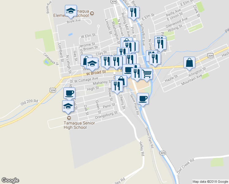 map of restaurants, bars, coffee shops, grocery stores, and more near 76 Hunter Street in Tamaqua