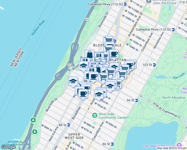 map of restaurants, bars, coffee shops, grocery stores, and more near 275 West 96th Street in New York