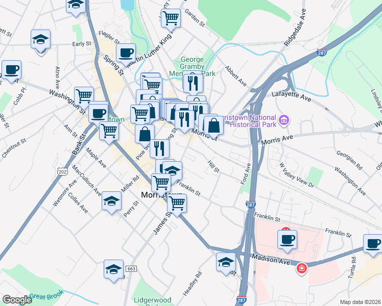 map of restaurants, bars, coffee shops, grocery stores, and more near 57 Elm Street in Morristown