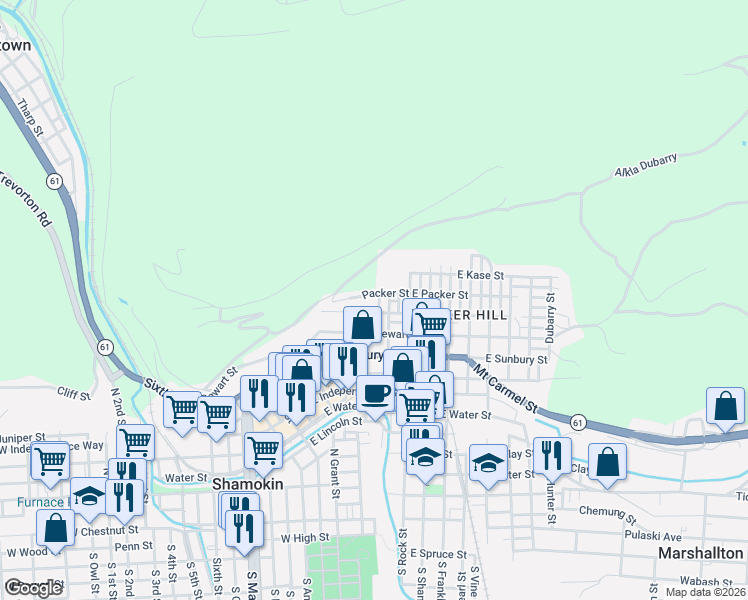 map of restaurants, bars, coffee shops, grocery stores, and more near Packer Street in Shamokin