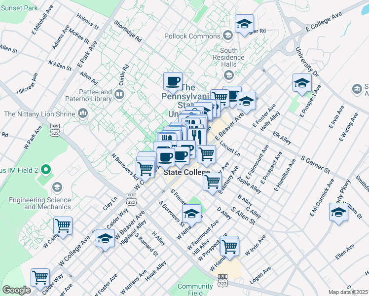 map of restaurants, bars, coffee shops, grocery stores, and more near 112 South Pugh Street in State College