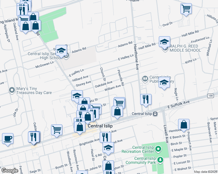 map of restaurants, bars, coffee shops, grocery stores, and more near 30 Oakdale Avenue in Central Islip