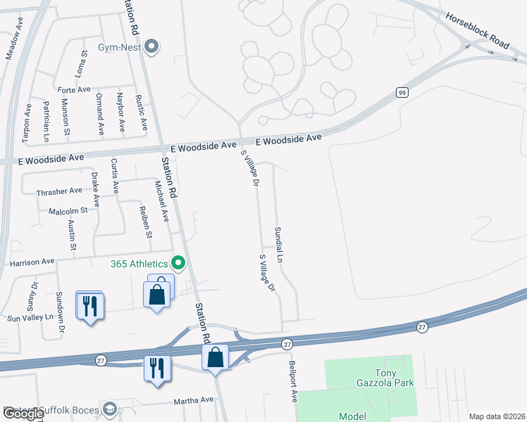 map of restaurants, bars, coffee shops, grocery stores, and more near 27 South Village Drive in Bellport