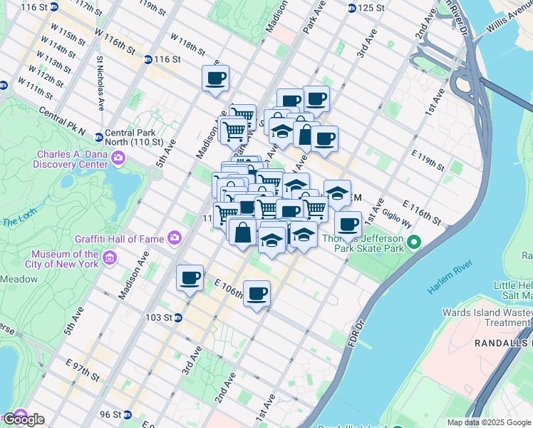 map of restaurants, bars, coffee shops, grocery stores, and more near 174 East 112th Street in New York