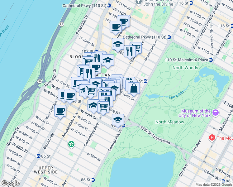 map of restaurants, bars, coffee shops, grocery stores, and more near 825 Columbus Avenue in New York