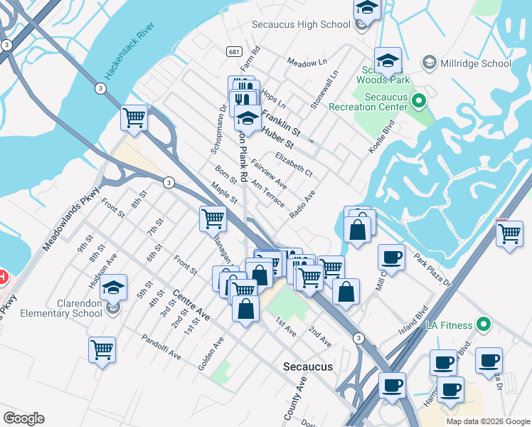 map of restaurants, bars, coffee shops, grocery stores, and more near 6 Kroll Terrace in Secaucus