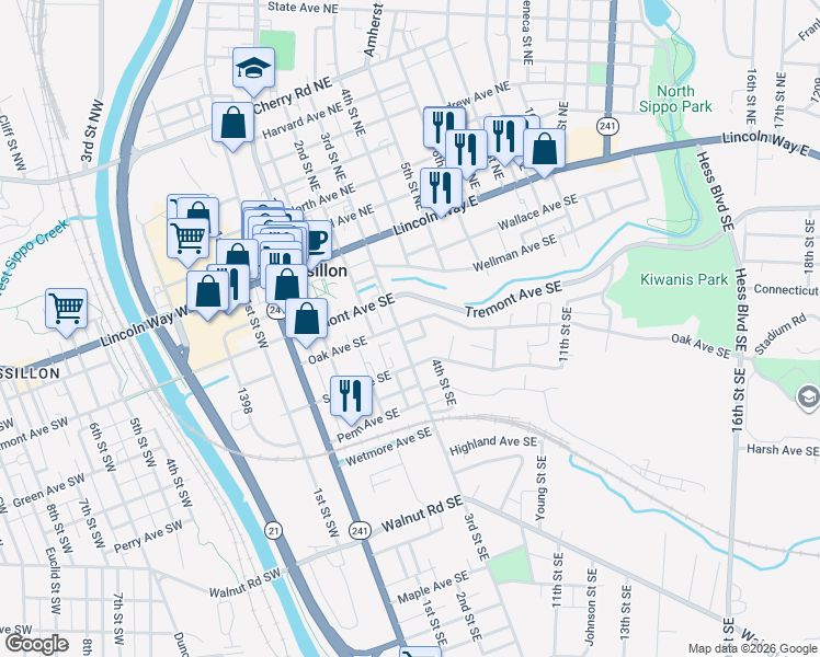 map of restaurants, bars, coffee shops, grocery stores, and more near 226 3rd Street Southeast in Massillon