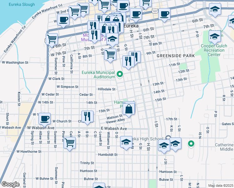 map of restaurants, bars, coffee shops, grocery stores, and more near 405 13th Street in Eureka