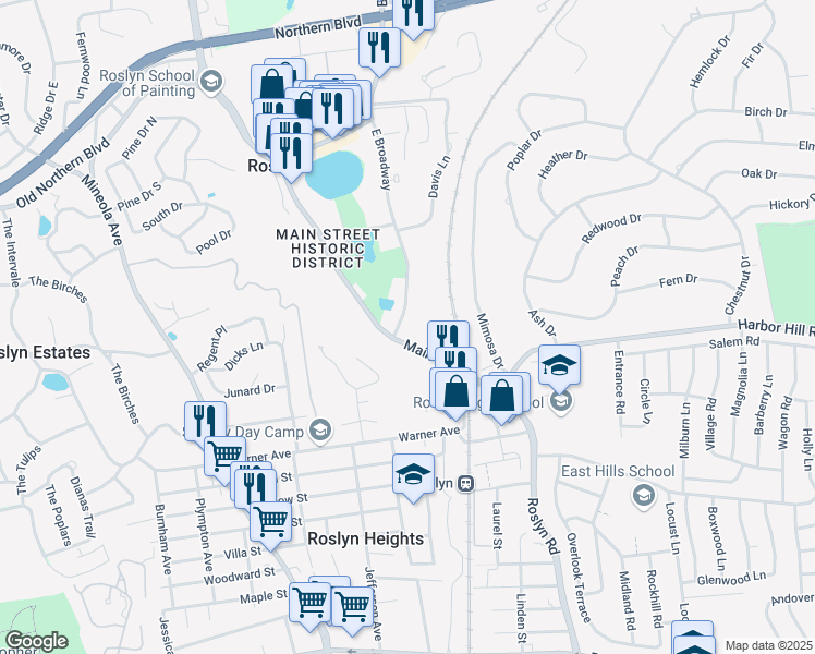 map of restaurants, bars, coffee shops, grocery stores, and more near 215 Main Street in Roslyn
