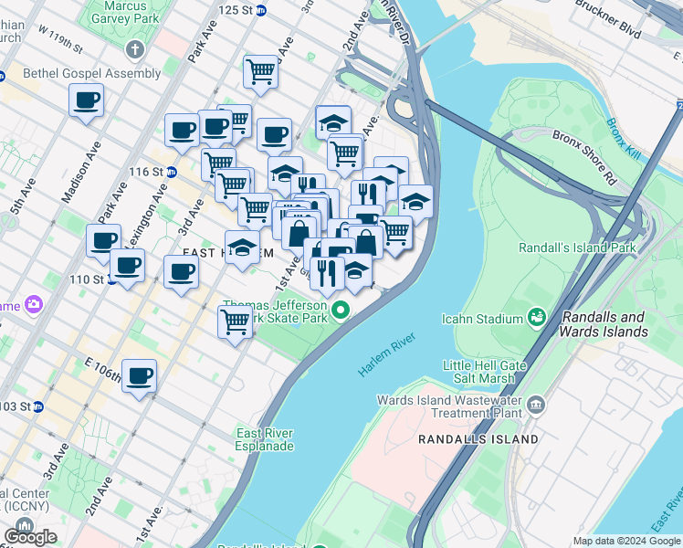 map of restaurants, bars, coffee shops, grocery stores, and more near in New York
