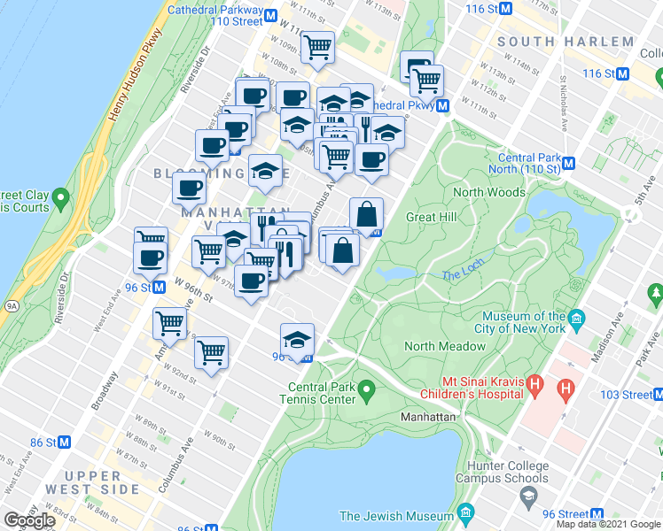map of restaurants, bars, coffee shops, grocery stores, and more near 22 Manhattan Avenue in New York