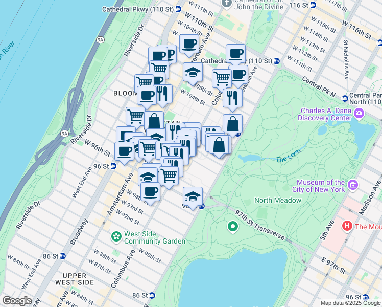 map of restaurants, bars, coffee shops, grocery stores, and more near 825 Columbus Avenue in New York