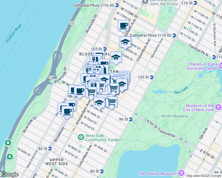 map of restaurants, bars, coffee shops, grocery stores, and more near 150 West 100th Street in New York