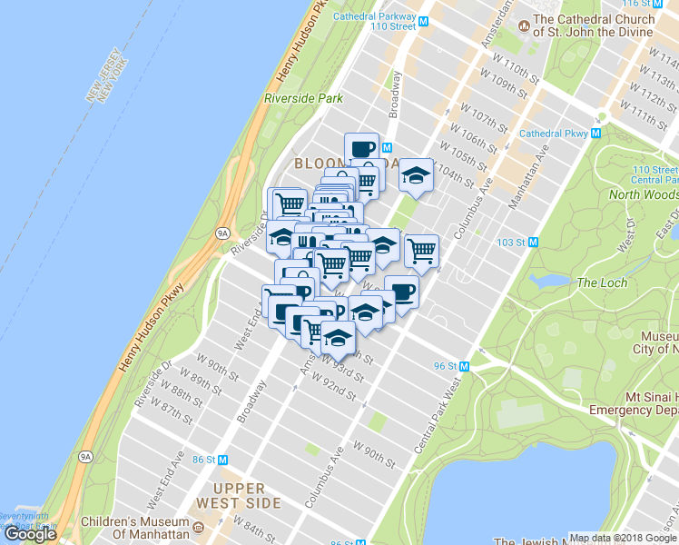 map of restaurants, bars, coffee shops, grocery stores, and more near in New York