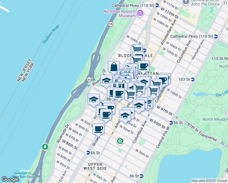 map of restaurants, bars, coffee shops, grocery stores, and more near 2563 Broadway in New York