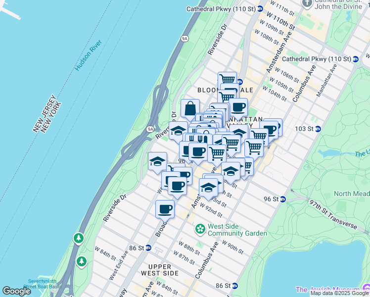 map of restaurants, bars, coffee shops, grocery stores, and more near 2563 Broadway in New York