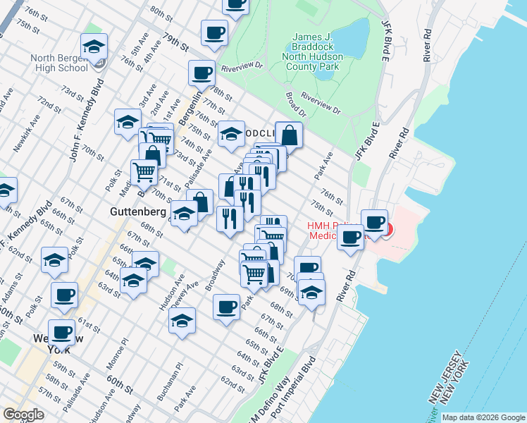 map of restaurants, bars, coffee shops, grocery stores, and more near 7301 Broadway in North Bergen