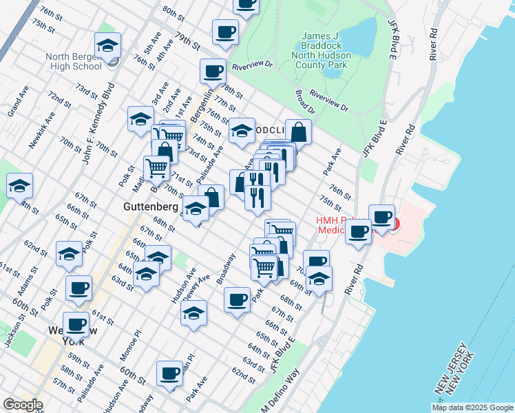 map of restaurants, bars, coffee shops, grocery stores, and more near 7317 Broadway in North Bergen